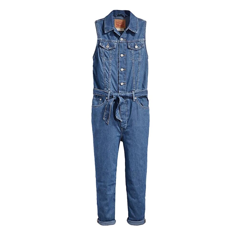 Levi’s Cropped Taper Jean Jumpsuit Denim Sleeveless Trucker Style Belted Size XS